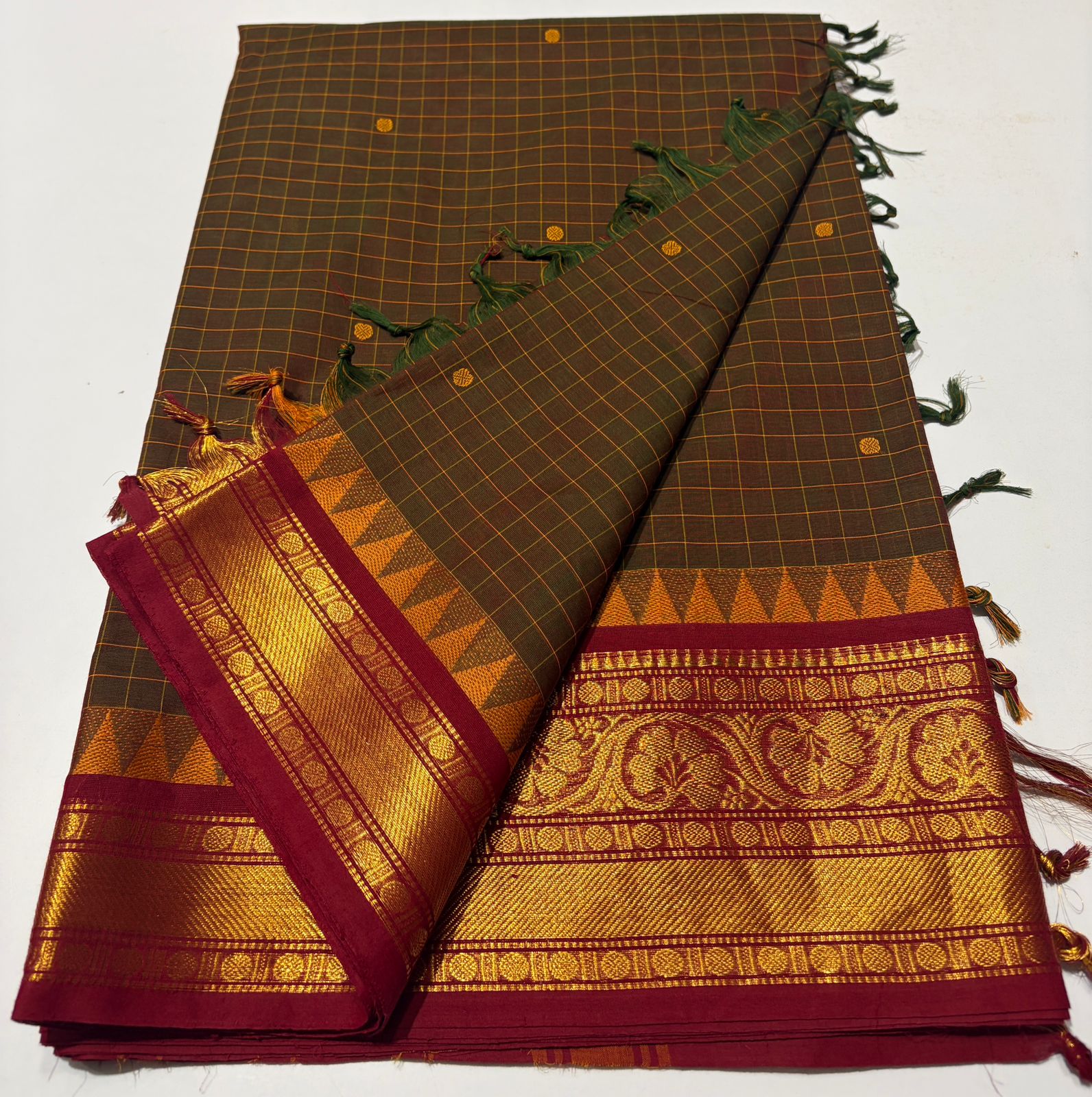 Blue body with a micro-check pattern Gadwal Cotton Silk Saree